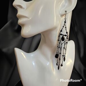 Vtg Gunmetal Black Witchy Gothic Beaded Extra Long Chandalier Earrings